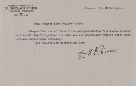 Notă de condoleanțe de la dr. Nikolaus Reiser, Timișoara, 17 martie 1939. Document, hârtie, 15 x 23 cm. Donație, Lucia Ioan, Timișoara; donație, Ovidiu Avramescu, București, 1981.