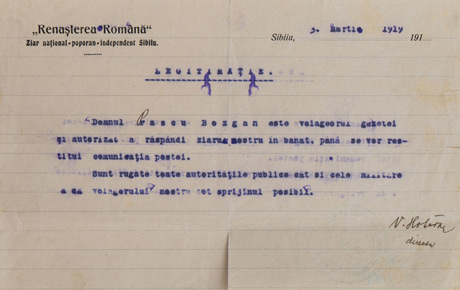 Notă a ziarului Renașterea Română, Sibiu, 3.03. 1919, pentru Pascu Bozgan, delegat voiajor. Document, hârtie, 14,7 x 22,8 cm. Achiziție, p.v. nr. 253/1991, Arad.