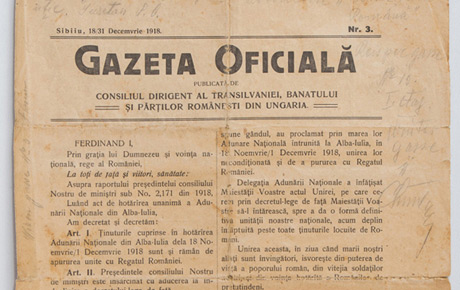 Gazeta Oficială, 1918, Sibiu, nr. 3, 18/31 decembrie (2 file). Ziar, hârtie, 32,5 x 24 cm. Achiziție, p.v. nr.253/1991.